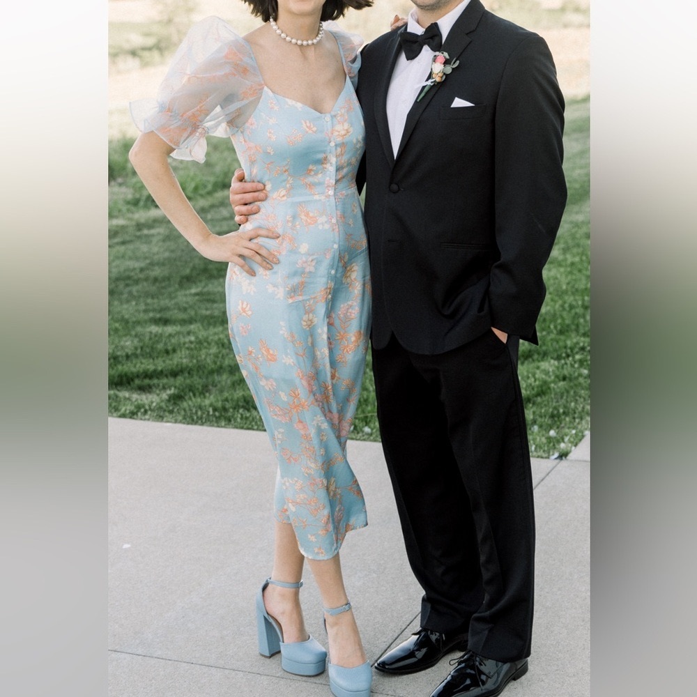 French Connection midi dress in with puff sleeve in blue floral